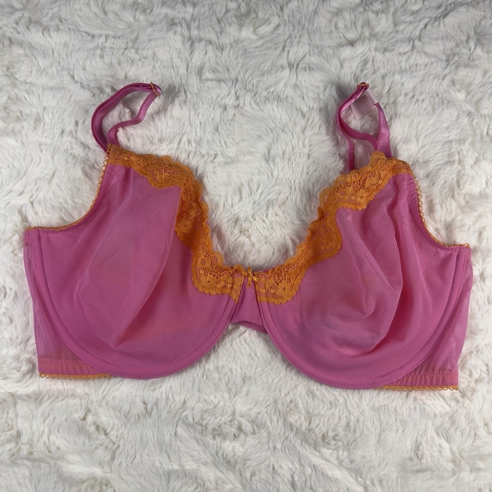 Victoria's Secret Tease Unlined Demi Bra Pink Mesh Sheer Orange Lace 34D NWT